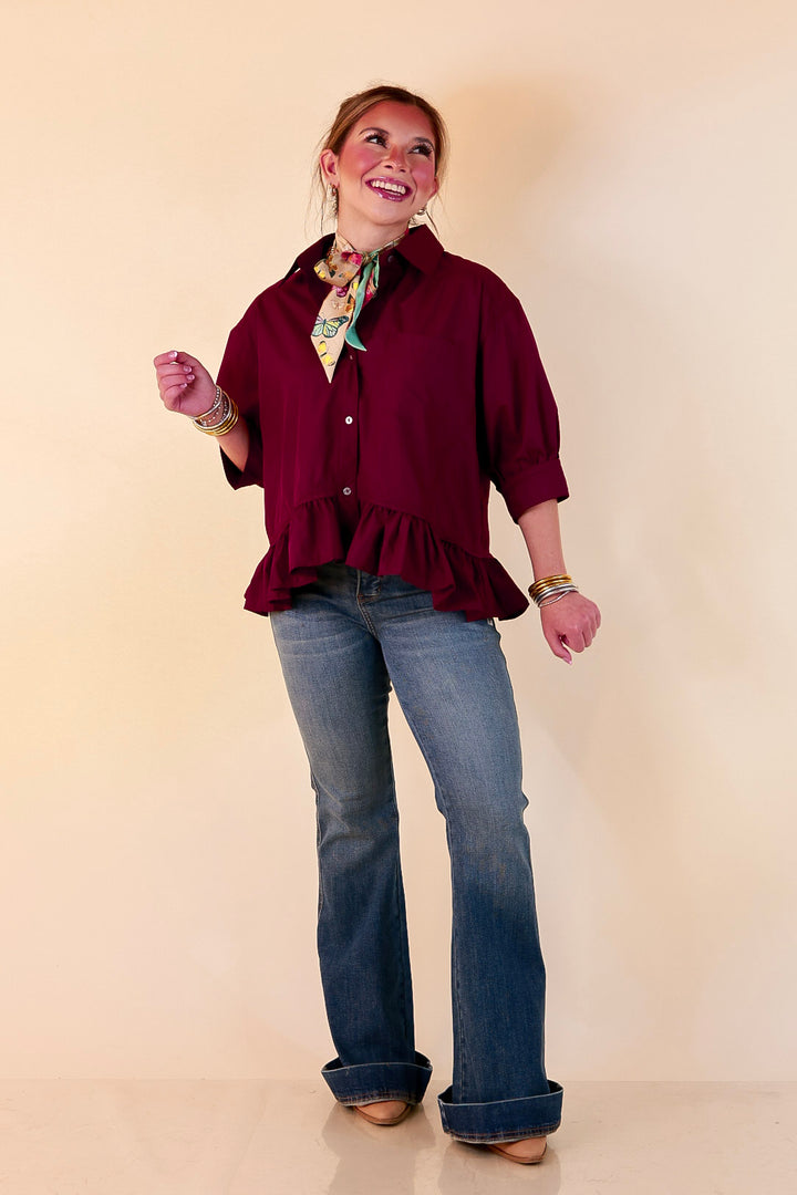 Style Agenda Solid Button Down Peplum Top in Maroon