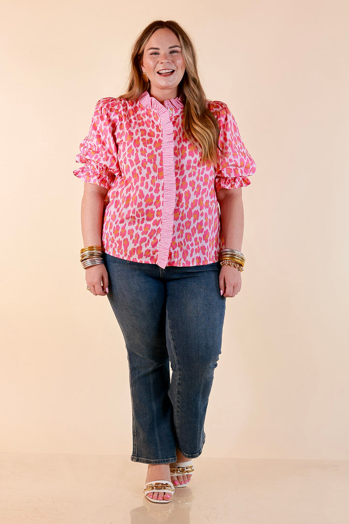 Catch the Compliments Puff Sleeve Ruffle Trim Leopard Print Statement Top in Pink and Orange