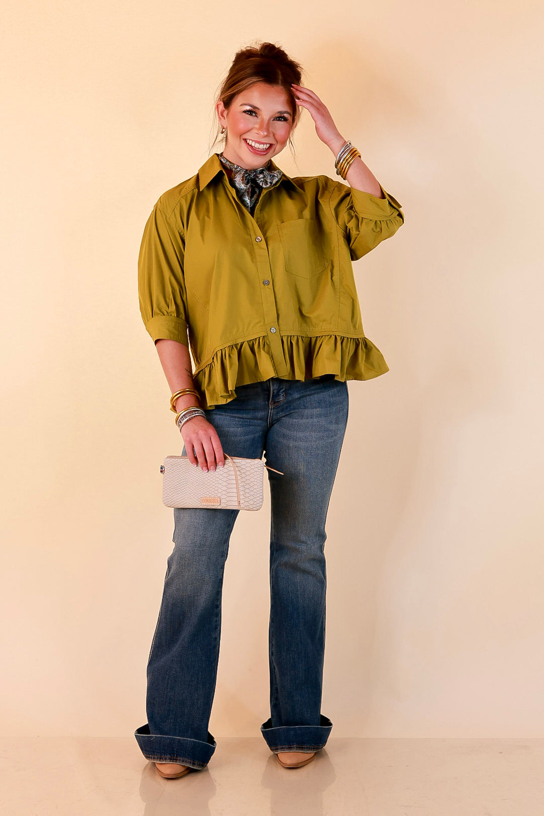 Style Agenda Solid Button Down Peplum Top in Chartreuse Olive Green