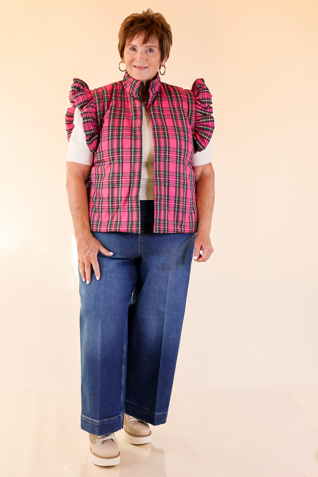 Mud Pie | Jefferies Quilted Plaid Reversible Vest with Ruffle Cap Sleeves and Bow Side Closure in Pink