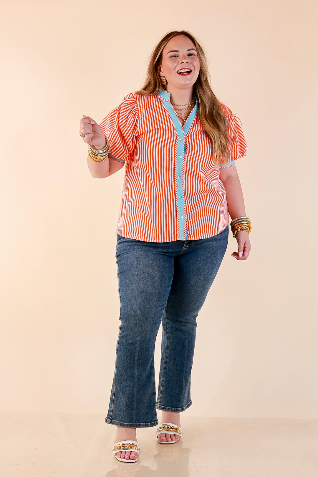 Pop of Polish Short Puff Sleeve Button Front Top with Contrast Trim in Orange, White and Sky Blue