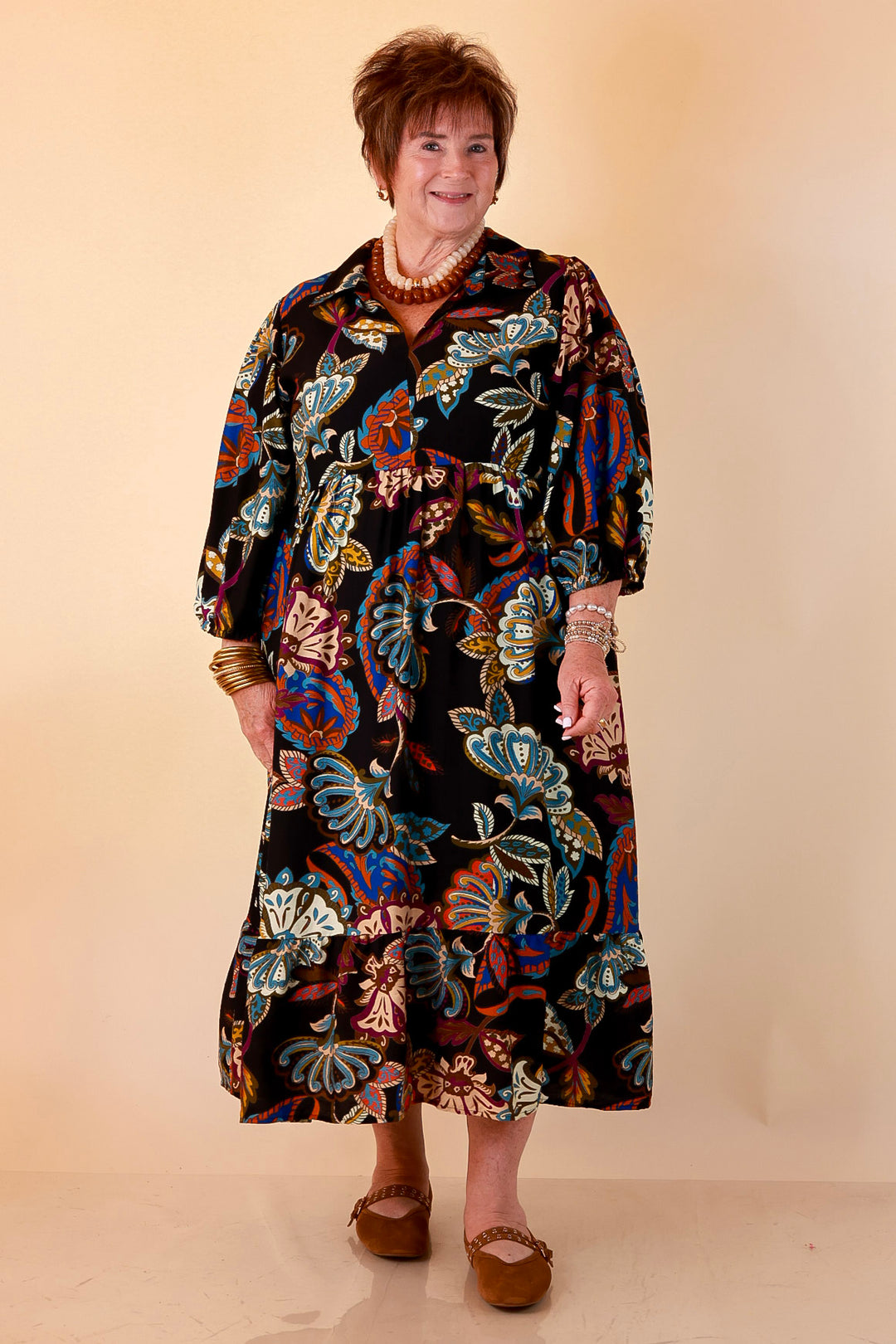 Season of Style Floral Print V Neck 3/4 Sleeve Collared Tiered Midi Dress in Black Multi