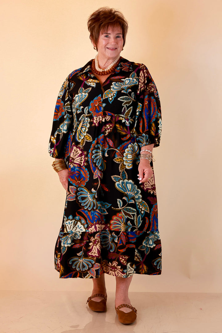 Season of Style Floral Print V Neck 3/4 Sleeve Collared Tiered Midi Dress in Black Multi