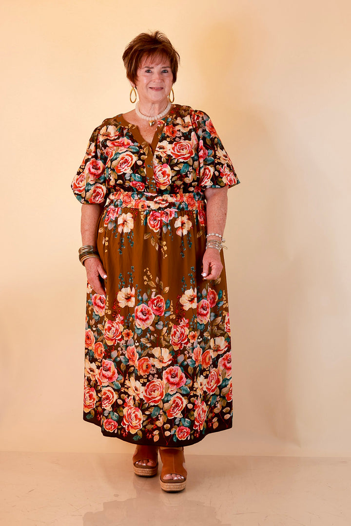 Brunch with the Girls Puff Sleeve Smocked Waist Floral Print Tiered Midi Dress in Chocolate Brown Multi