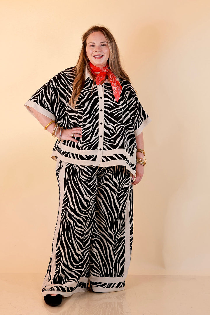 First Class Chic Button Front Collared Top with Matching Wide Leg Pants Set in Black and Ivory Zebra Print