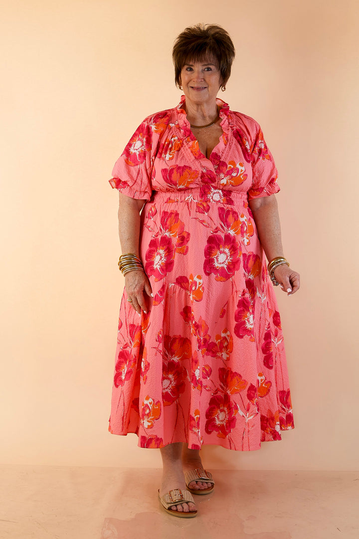 Breezy Belle Floral Print Textured Puff Sleeve Midi Dress with Smocked Waist in Pink Mix