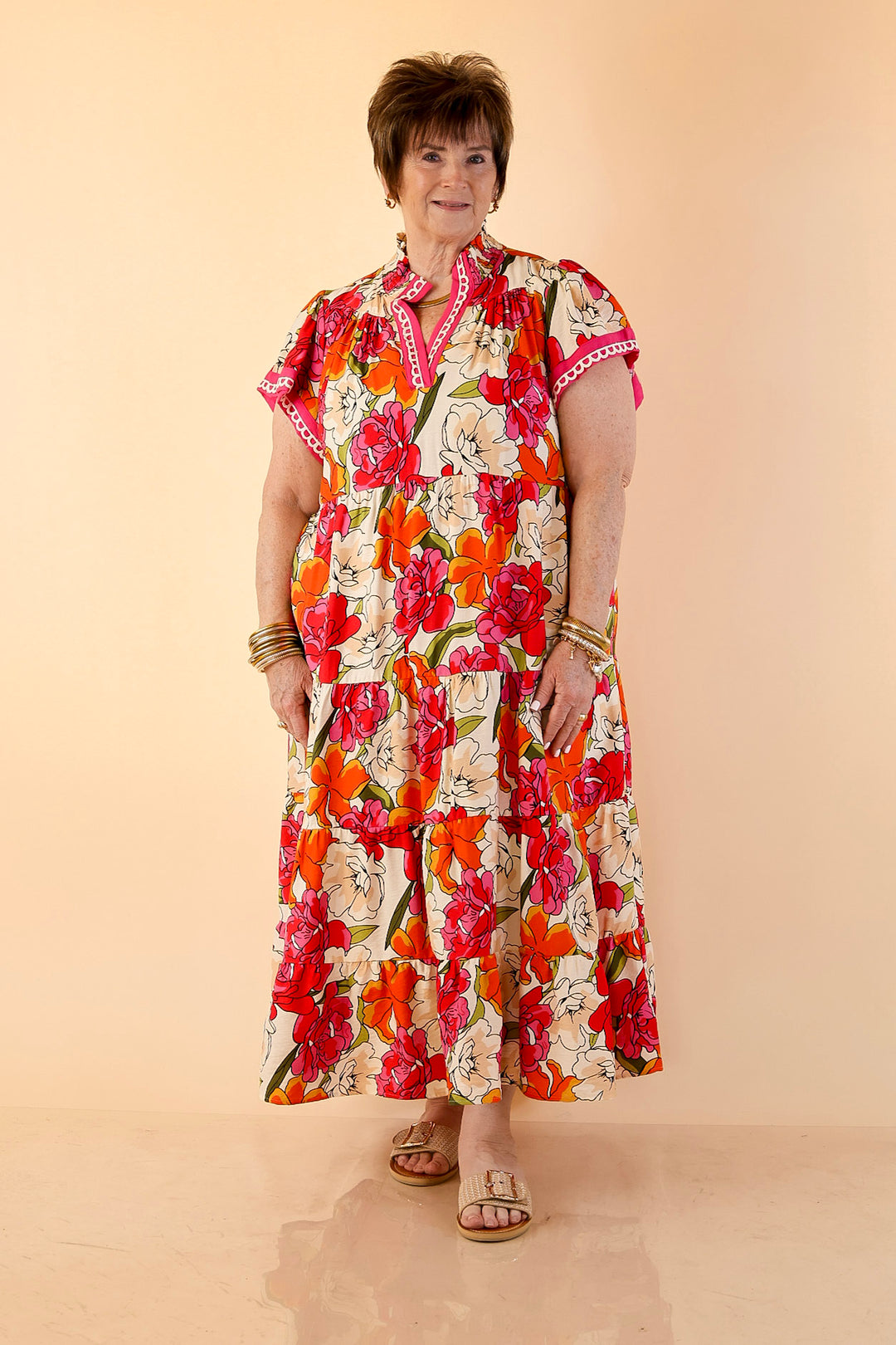 Spring Symphony Floral Print Tiered Midi Dress with Flutter Sleeves in Pink and Orange