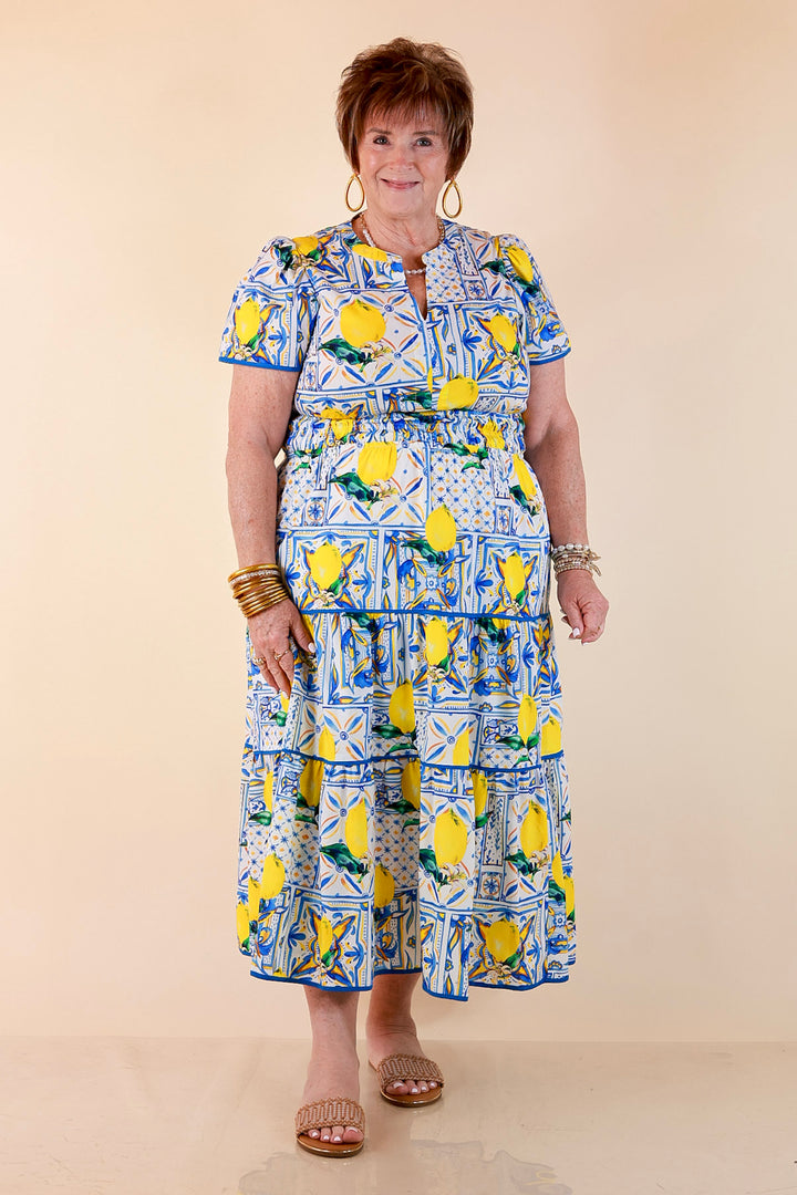 Villa Views Lemon and Tile Abstract Print Tiered Midi Dress in Blue and Yellow
