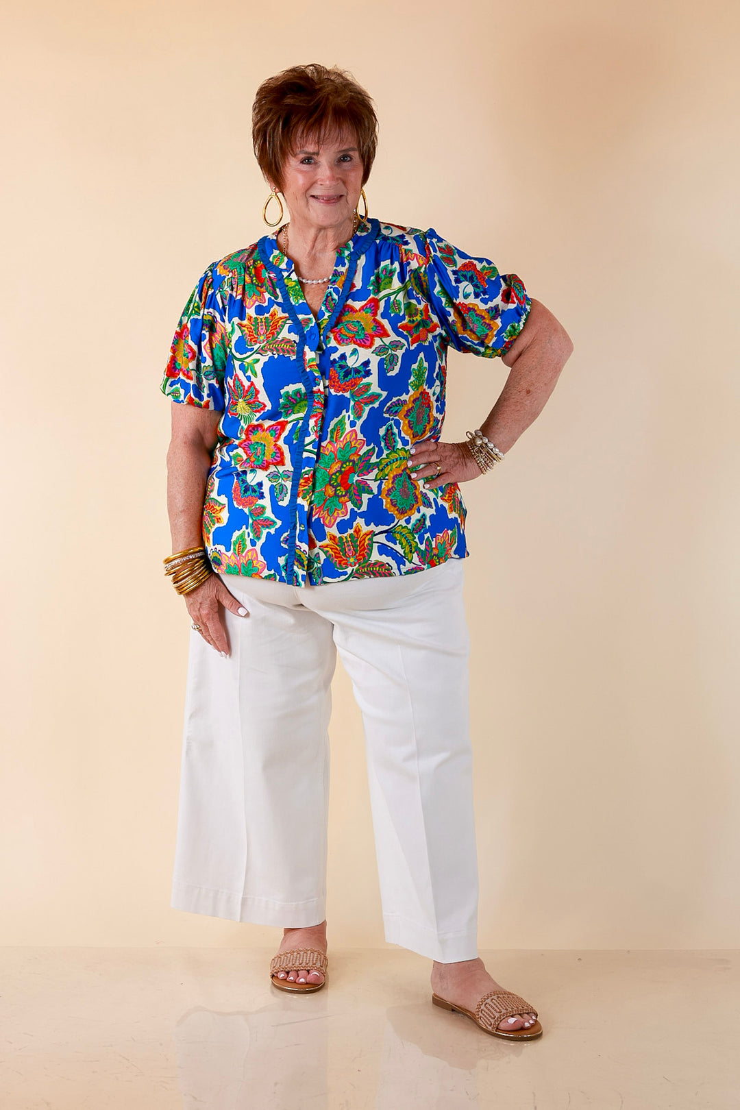 Petal Pop Floral Print Ruffle Front Button Up Top with Puff Sleeves in Royal Blue