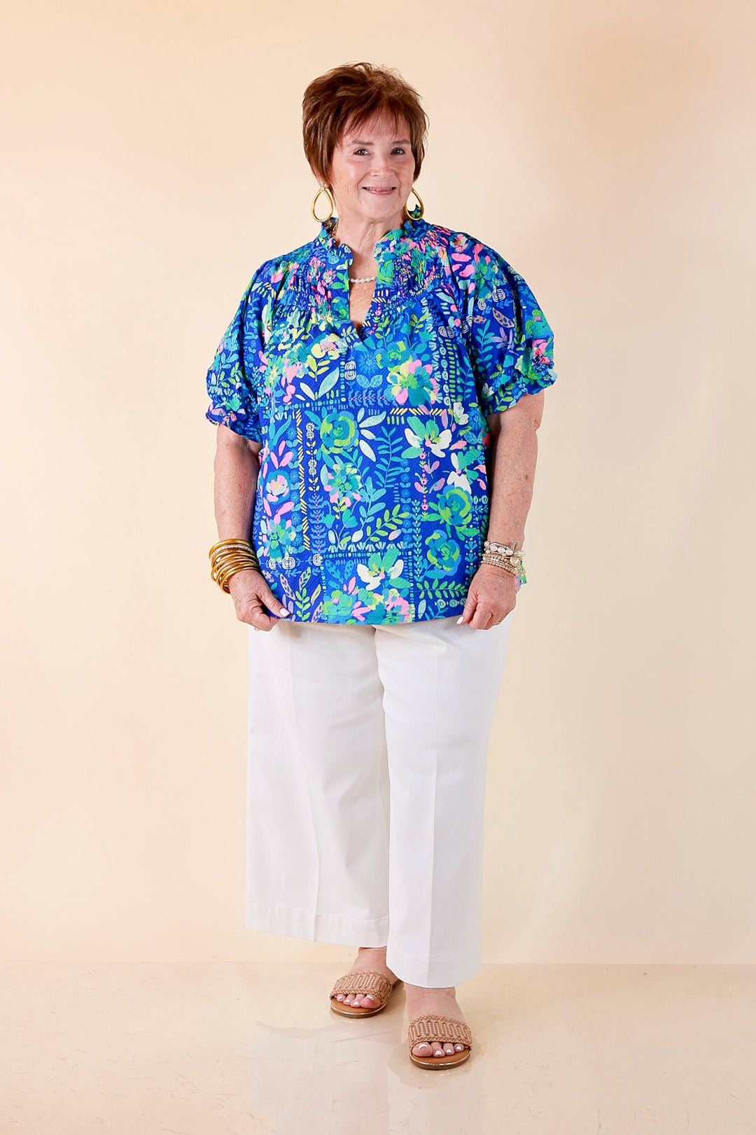 Living in Color Watercolor Floral Print Textured Top with Puff Sleeves in Royal Blue