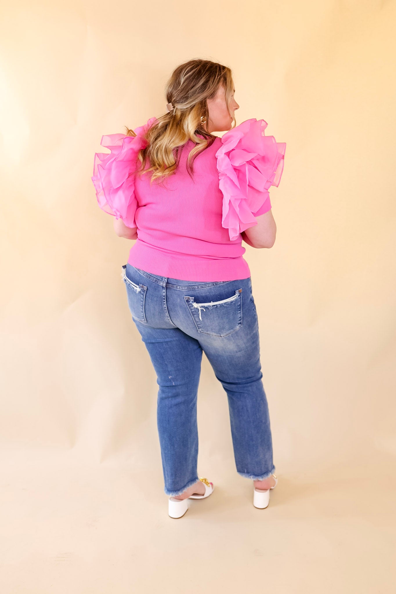 The Party Goes On Ribbed Fitted Top with Ruffle Sleeves in Pink - Giddy Up Glamour Boutique