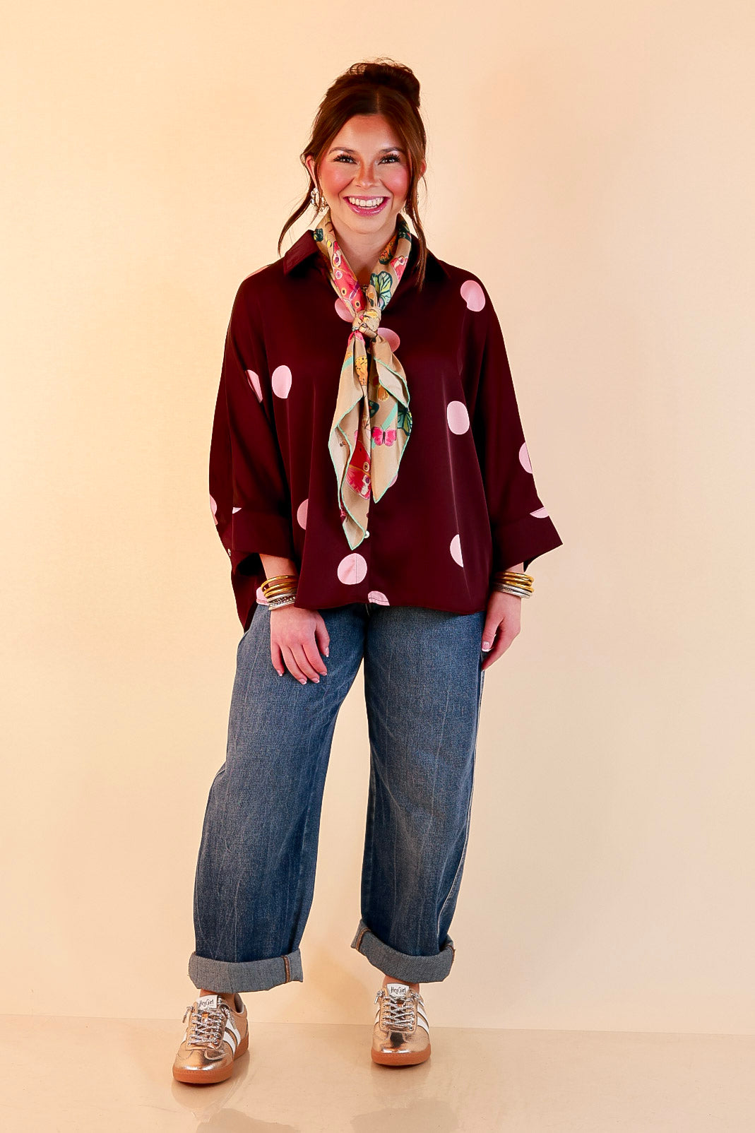 Two of a Kind Oversized Long Sleeve Button Down Blush Pink Polka Dot Blouse in Maroon