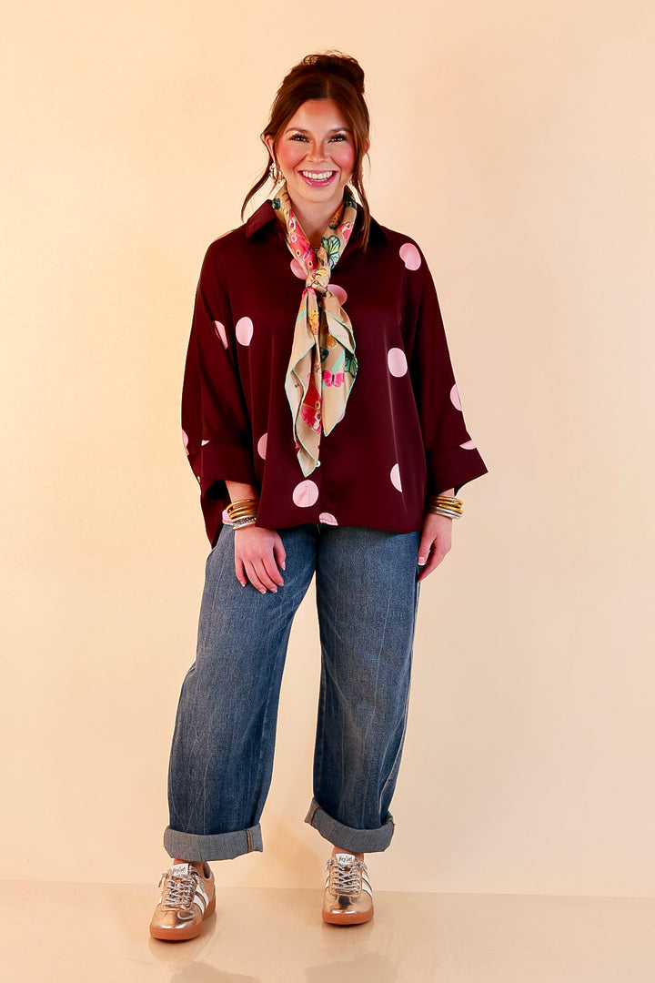 Two of a Kind Oversized Long Sleeve Button Down Blush Pink Polka Dot Blouse in Maroon
