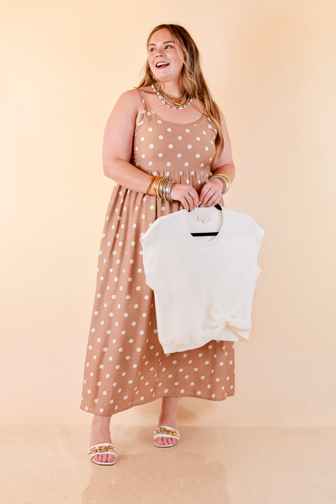 Two Ways to Charm Polka Dot Spaghetti Strap Dress Set with Detachable Ivory Top in Taupe