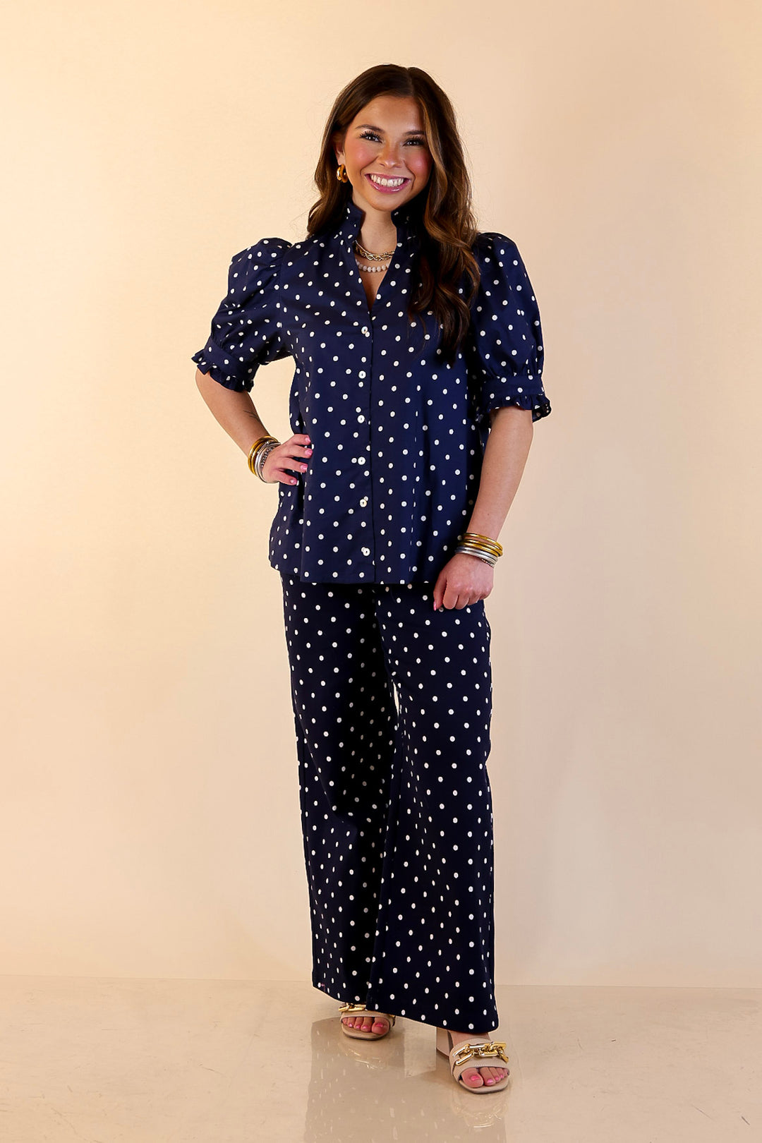 Poised and Polished Button Front Puff Sleeve Top with Polka Dot Print in Navy Blue and White