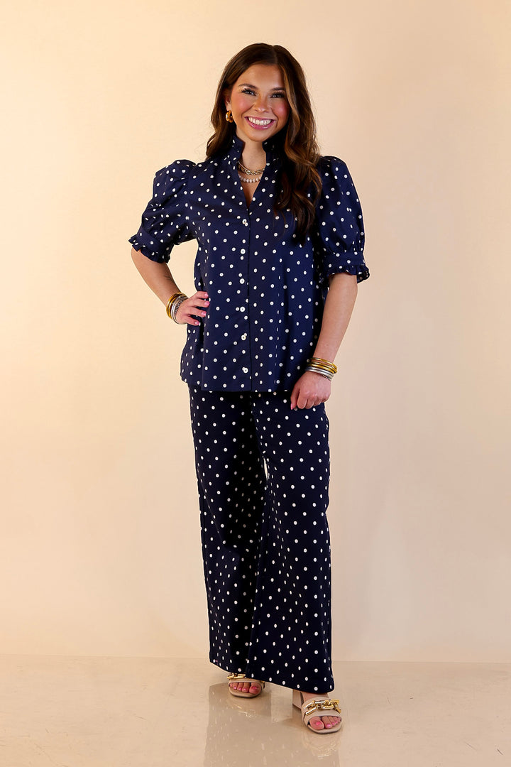 Poised and Polished Button Front Puff Sleeve Top with Polka Dot Print in Navy Blue and White