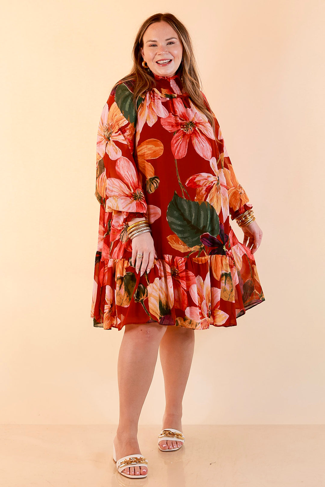 Autumn Romance Ruffle Neck Long Sleeve Floral Peplum Dress in Rust Red Multi