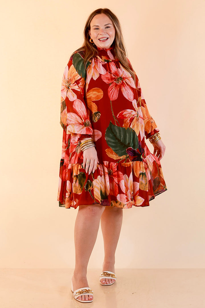 Autumn Romance Ruffle Neck Long Sleeve Floral Peplum Dress in Rust Red Multi