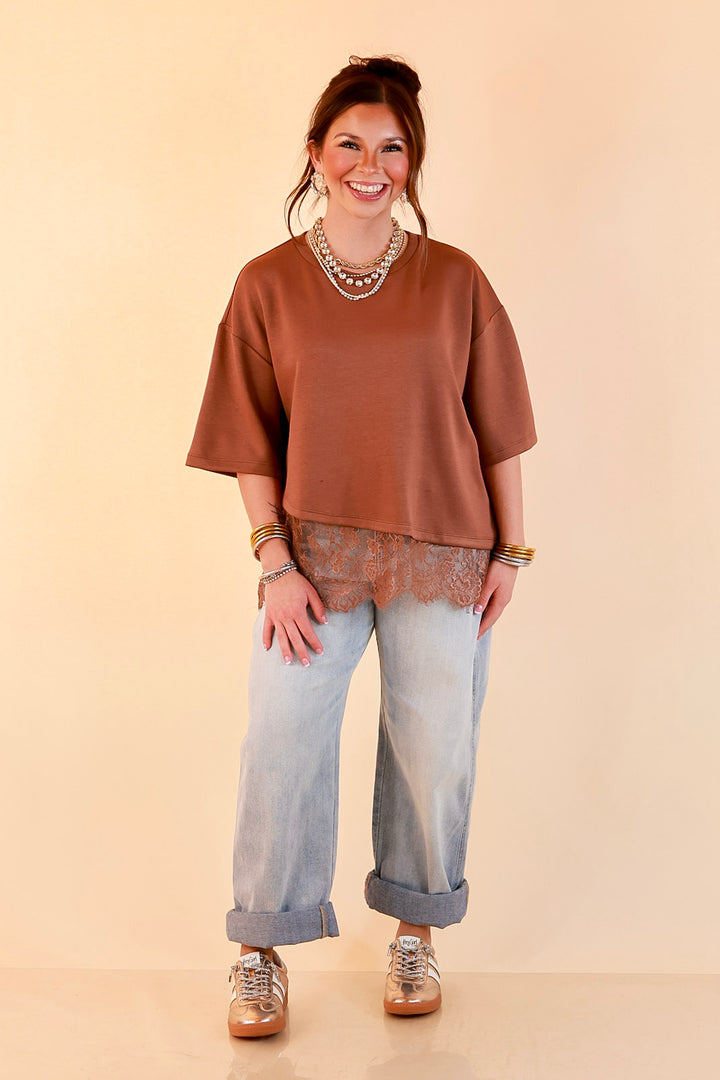 Laced with Charm Oversized Asymmetrical Lace Trim Boxy Top in Coco Brown
