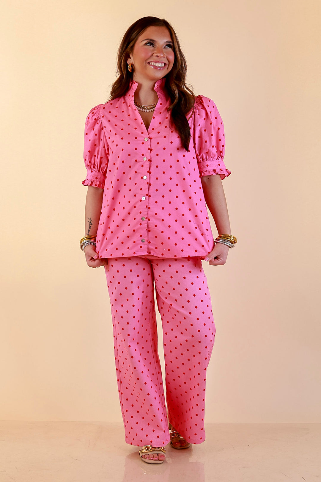 Poised and Polished Button Front Puff Sleeve Top with Polka Dot Print in Pink and Red