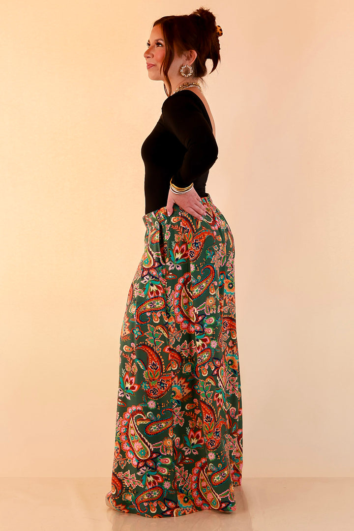 Free to Be Paisley Print Wide Leg Elastic Waist Pants in Olive Green