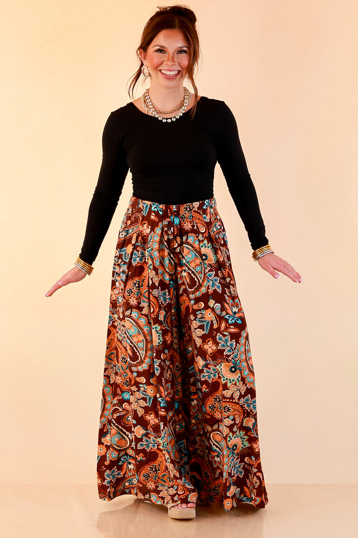 Free to Be Paisley Print Wide Leg Elastic Waist Pants in Chocolate Brown