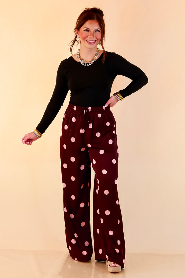 Two of a Kind Full Length Wide Leg Pull-On Drawstring Blush Pink Polka Dot Pants in Maroon
