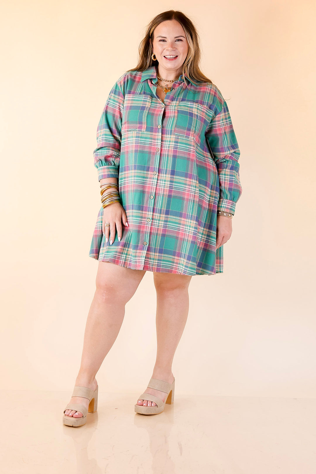 Vibrant Lifestyle Plaid Button Up Dress in Teal and Pink