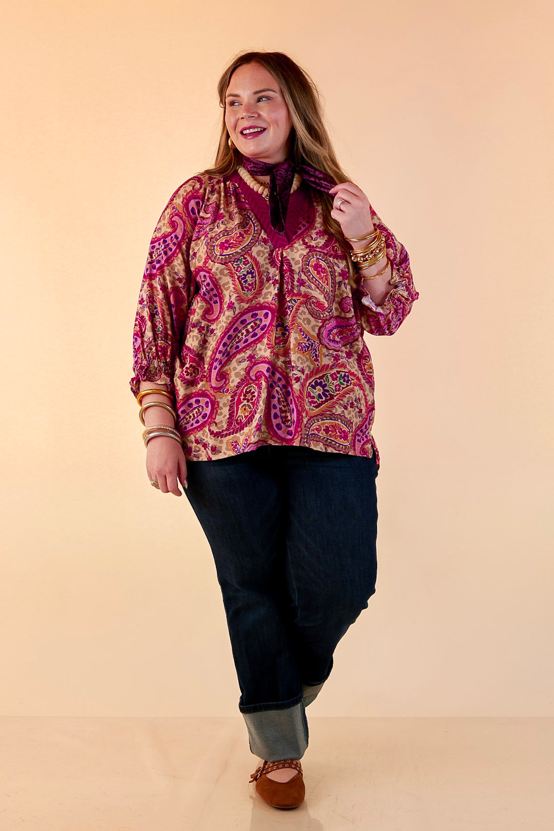 Caught My Eye Ruffle Contrast Stripe Detail Neck Balloon Sleeve Paisley Print Blouse in Fuchsia Pink Multi