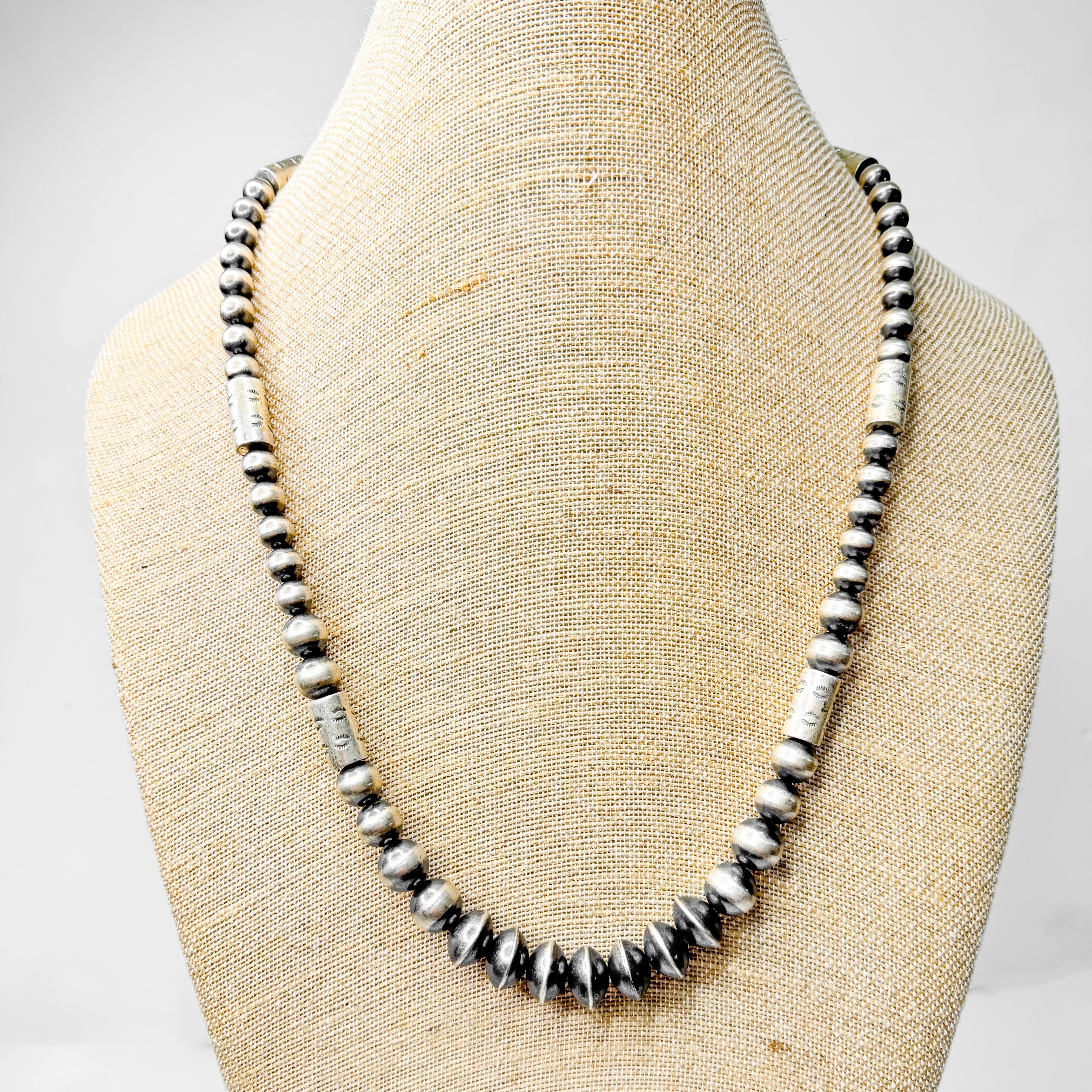 Navajo | Navajo Handmade Sterling Silver Graduated Navajo Pearl Necklace with Barrel Bead Spacers