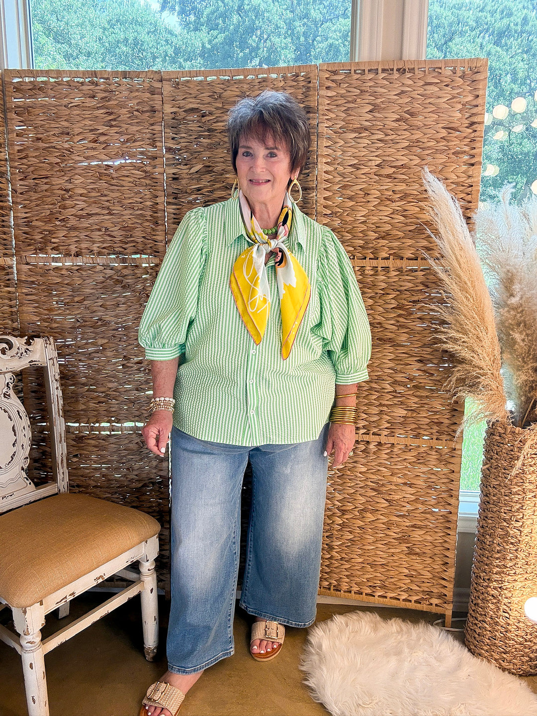 Crisp and Collected Stripe Button Front Collared Top with Puff Short Sleeves in Lime Green and White