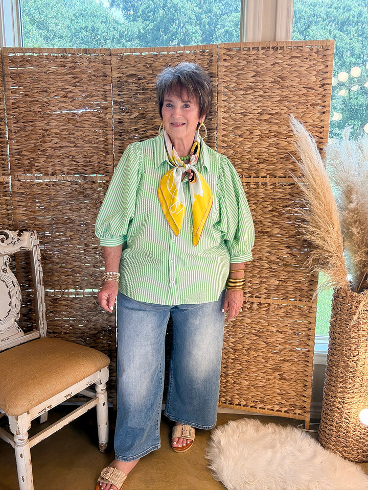Crisp and Collected Stripe Button Front Collared Top with Puff Short Sleeves in Lime Green and White