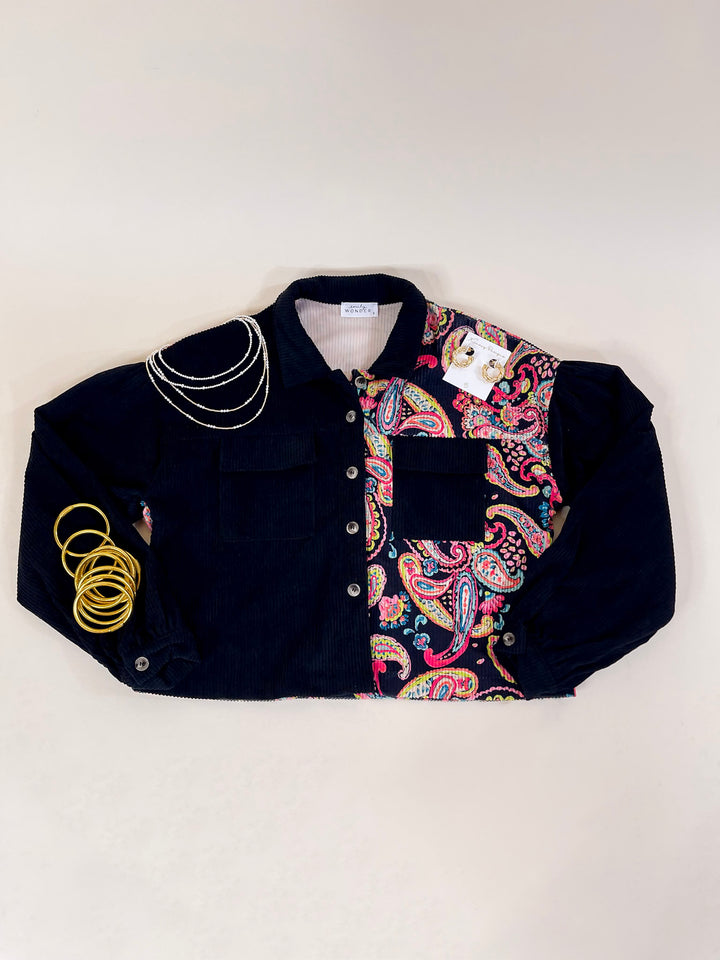 Manhattan Breeze Corduroy Button Up Shacket with Multicolor Paisley Print in Black