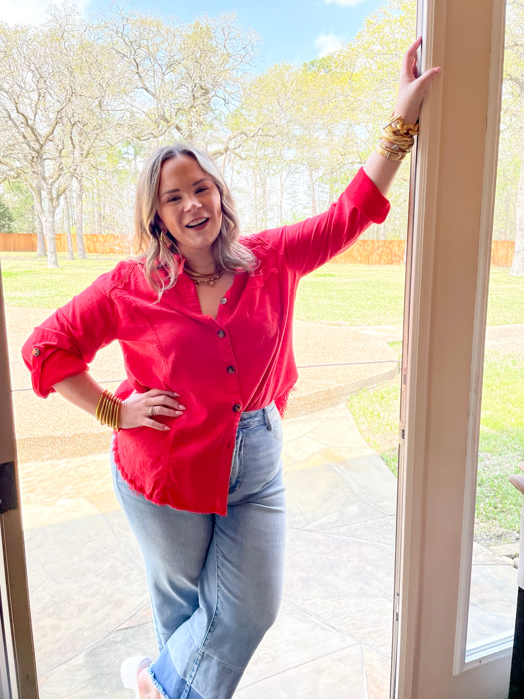 Classic Comfort Long Sleeve Linen Button Up in Cherry Red - Giddy Up Glamour Boutique