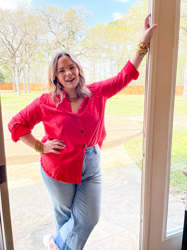 Classic Comfort Long Sleeve Linen Button Up in Cherry Red - Giddy Up Glamour Boutique