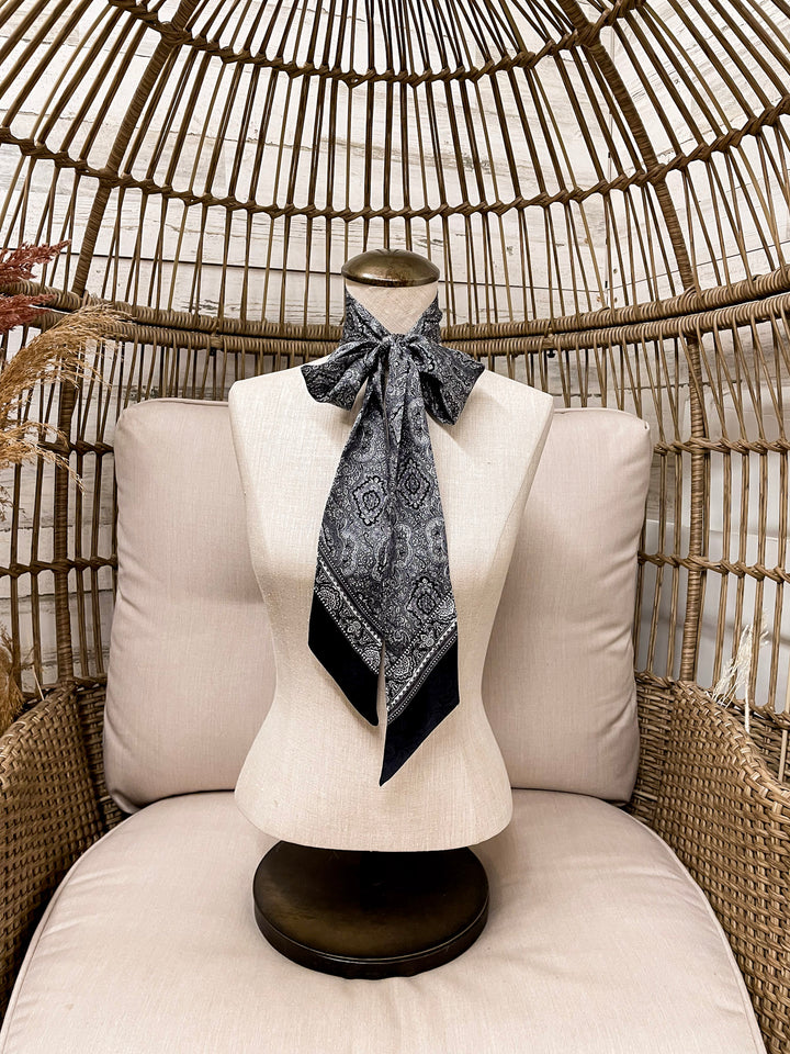 Wyoming Traders | Paisley Print Silk Twilly Scarf in Silver and Black