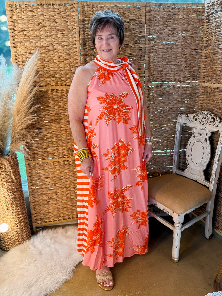 Meet Me in Palm Beach Floral Print Halter Maxi Dress with Adjustable Bow Tie Neck in Pink and Orange