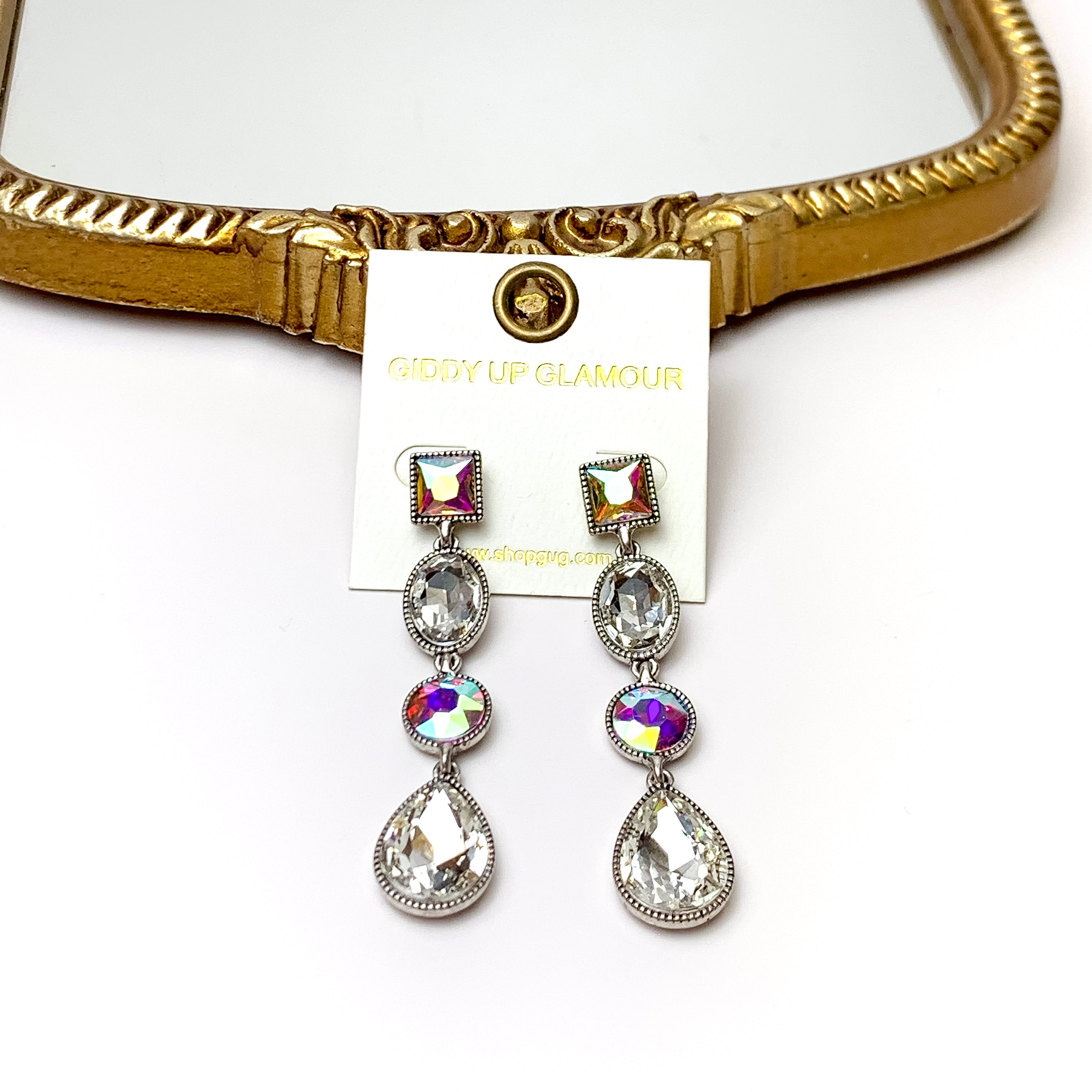 Square Post AB and Clear Crystal Drop Earrings - Giddy Up Glamour Boutique