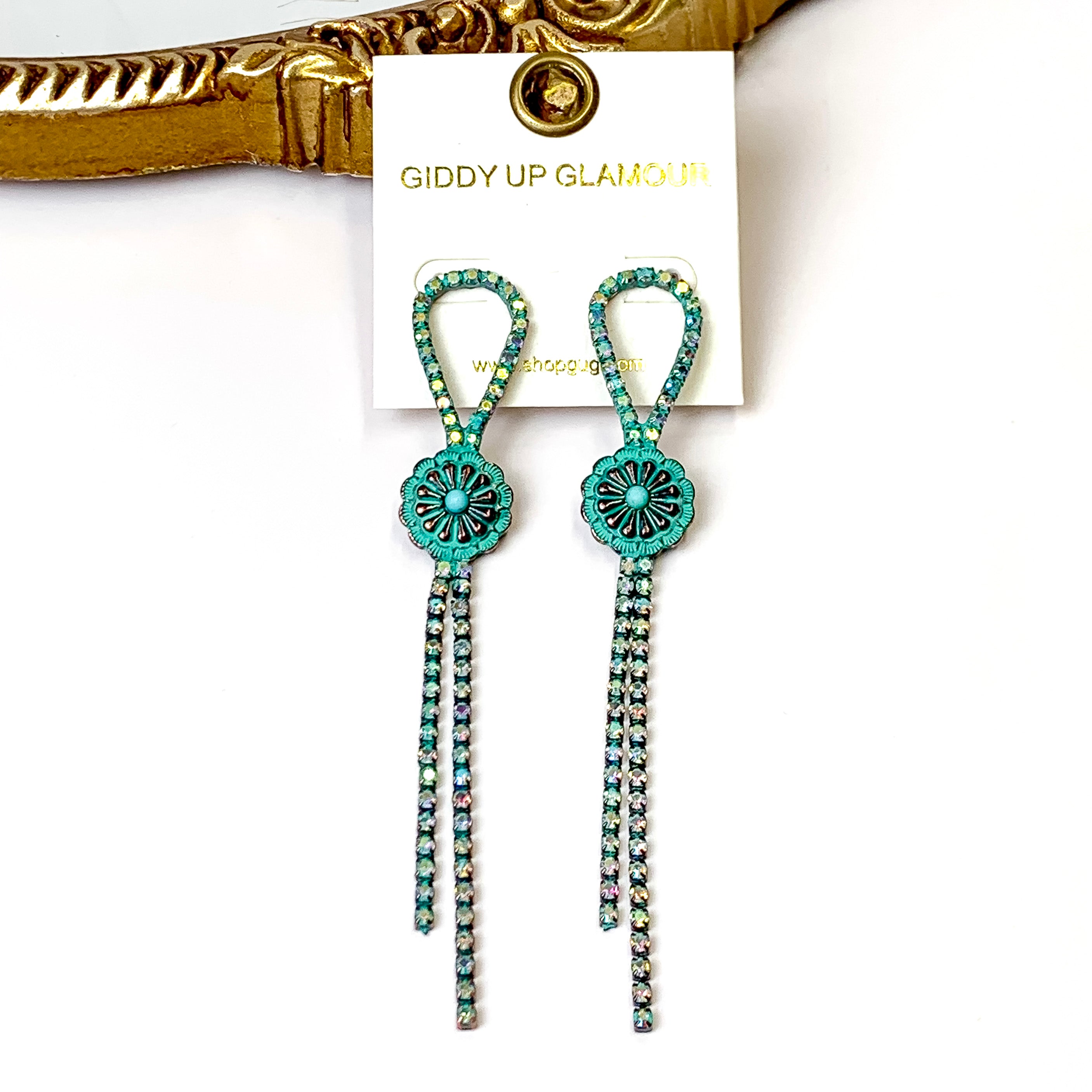 AB Crystal Bolo Tie Tassel Earrings with Circle Concho in Patina Tone - Giddy Up Glamour Boutique