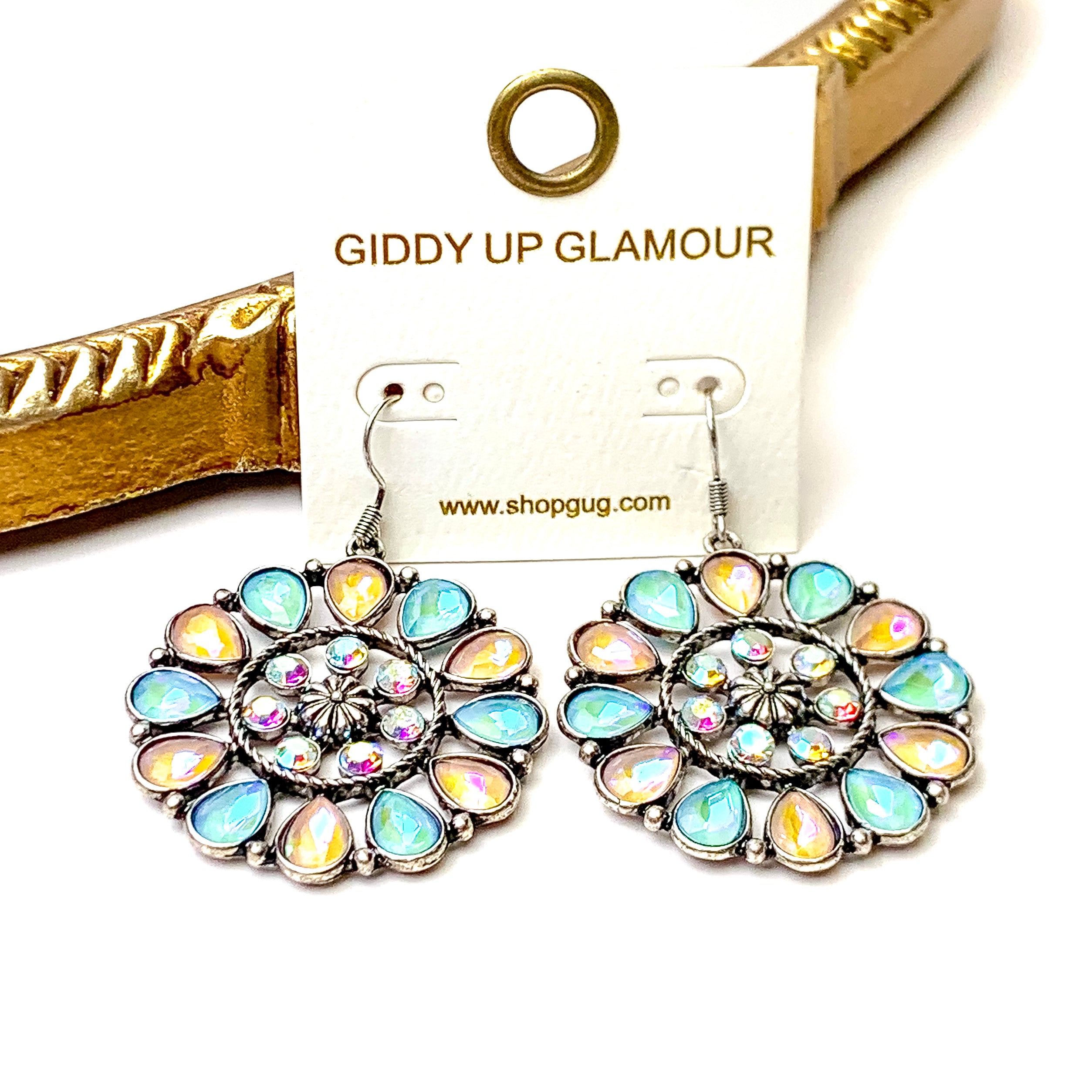 Desert Daisy Silver Tone Flower Concho Drop Earrings in Light Pink and Turquoise - Giddy Up Glamour Boutique