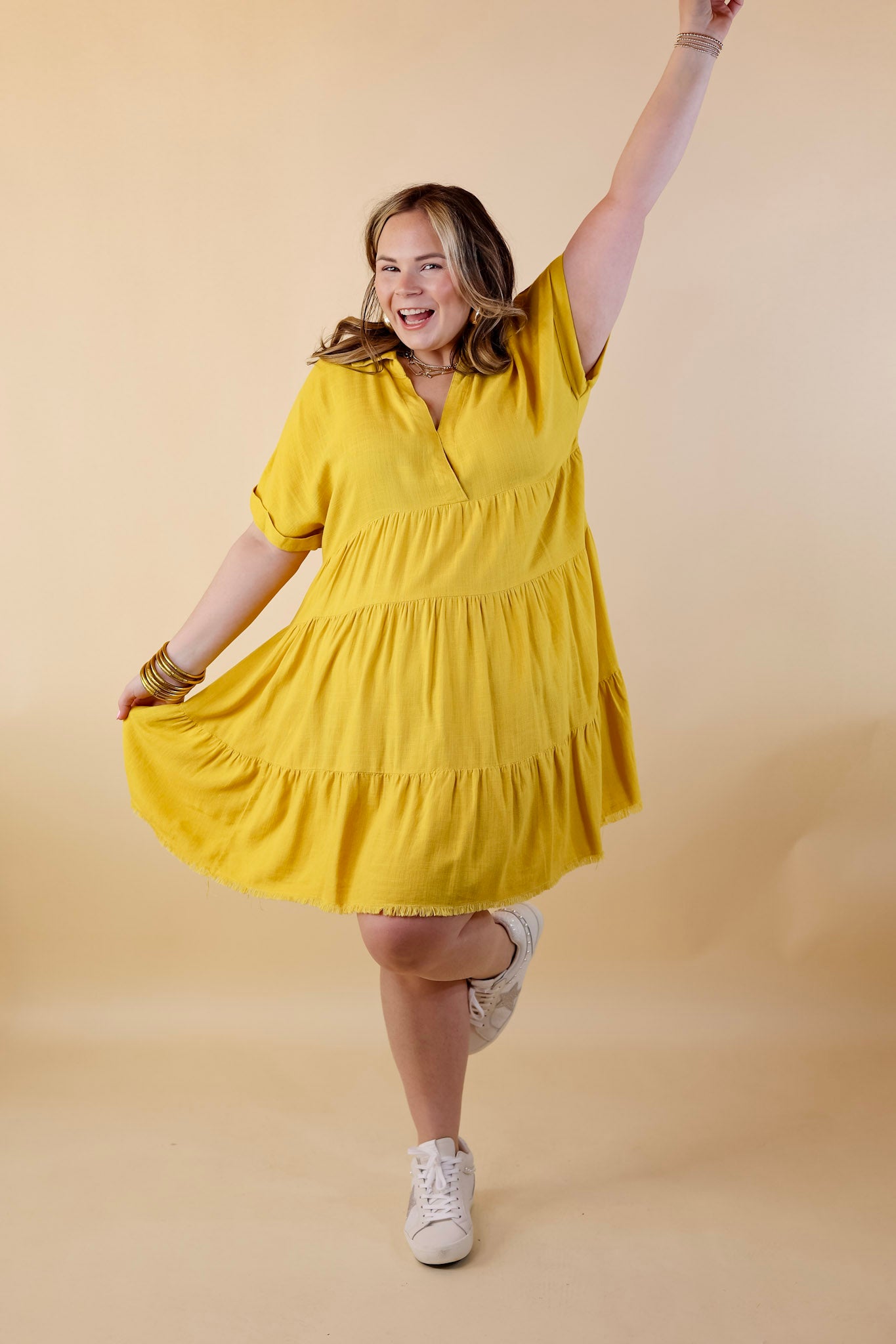 Taos Transitions Ruffle Tiered Collared Dress with Frayed Hem in Yellow - Giddy Up Glamour Boutique