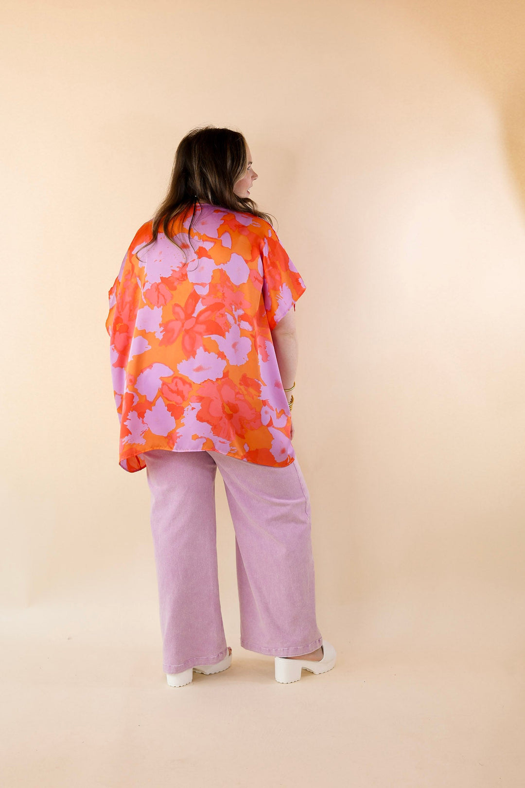 Weekend Out V Neck Short Sleeve Top in Orange and Purple - Giddy Up Glamour Boutique