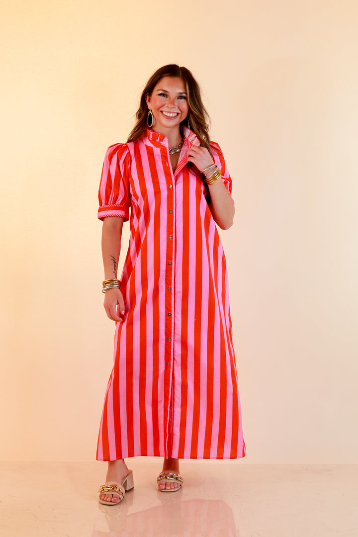 Strut and Shine Stripe Midi Dress with Button Front Detail and Puff Sleeves in Pink and Red