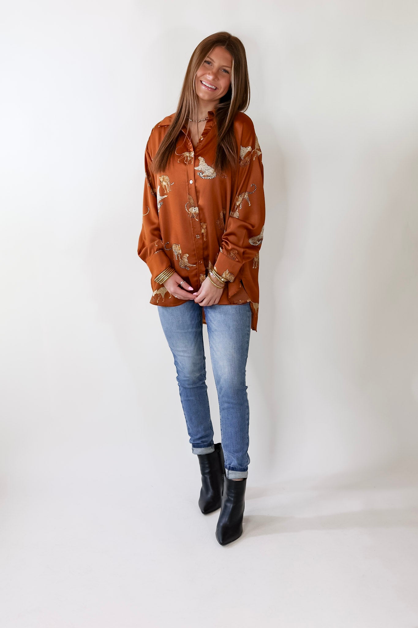 Tell Me Something Good Cheetah Print Long Sleeve Button Up Top in Camel Brown - Giddy Up Glamour Boutique