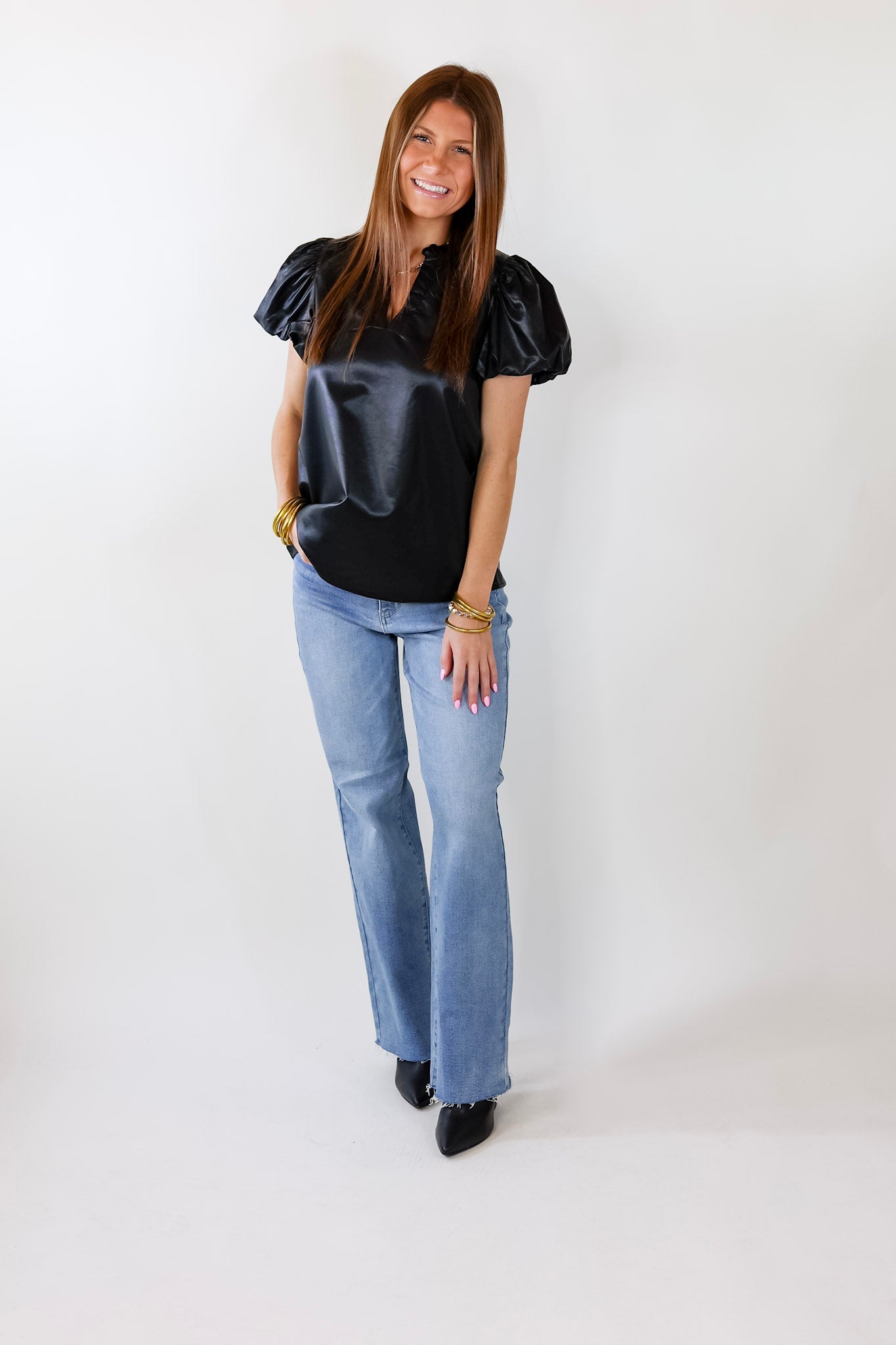 Replay The Night Faux Leather Top with Short Balloon Sleeves in Black - Giddy Up Glamour Boutique