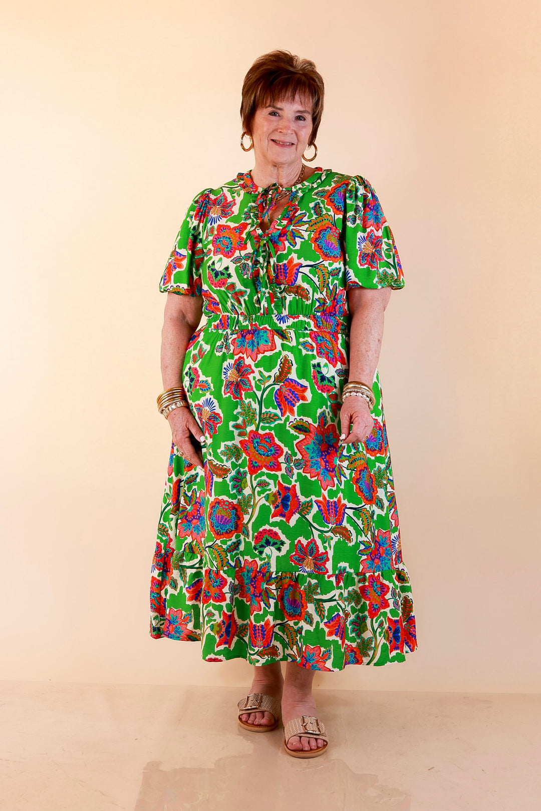 Color Me Happy Floral Print Midi Dress with Tie Neckline and Puff Sleeves in Green