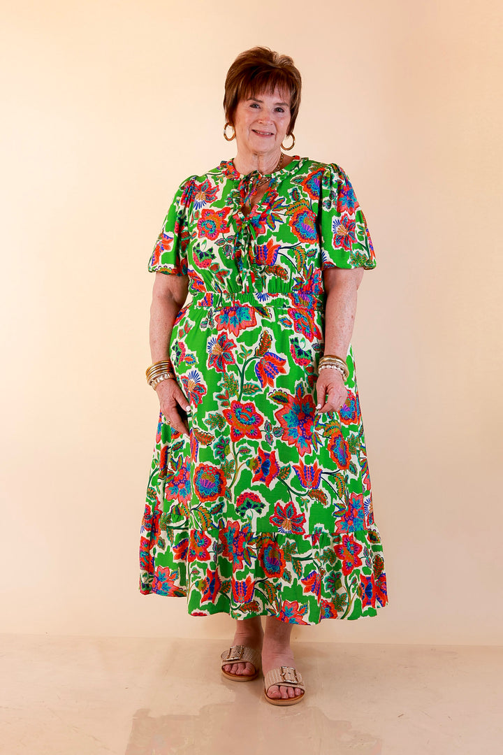 Color Me Happy Floral Print Midi Dress with Tie Neckline and Puff Sleeves in Green