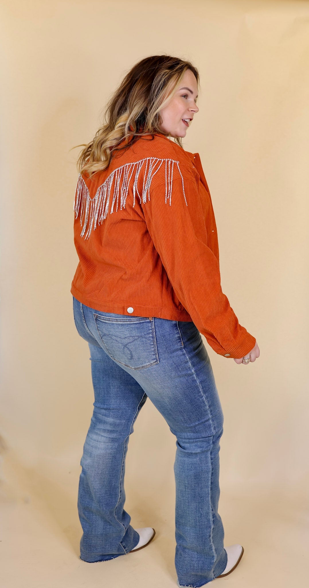 Signature Moves Button Up Corduroy Shacket with Crystal Fringe Back in Rust Orange