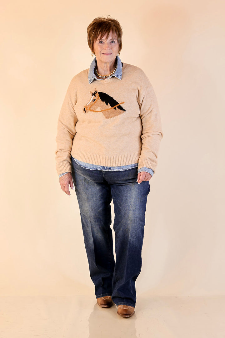 Simply Southern | Finest Touch Crewneck Sweater with Horse in Brown