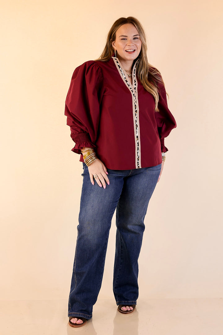 Trimmed in Style Puff Long Sleeve Blouse with Contrast Leopard Trim and Ruffle in Maroon